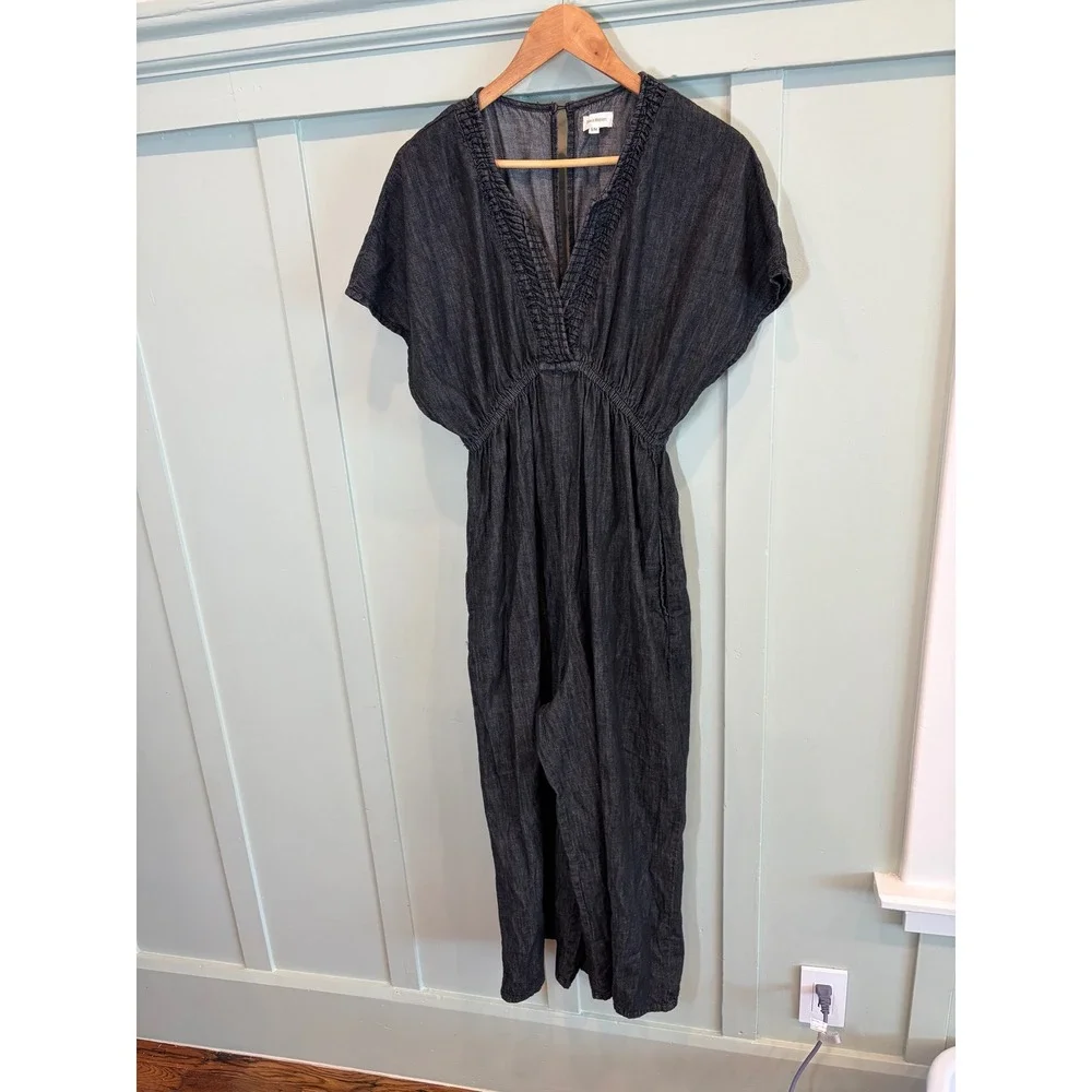 World Market Denim Jumpsuit Wide Leg Flowy Dark Wash V-Neck Boho Blue SM